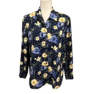 Liz Baker Floral Polka Dot Button Down Blouse Navy Blue